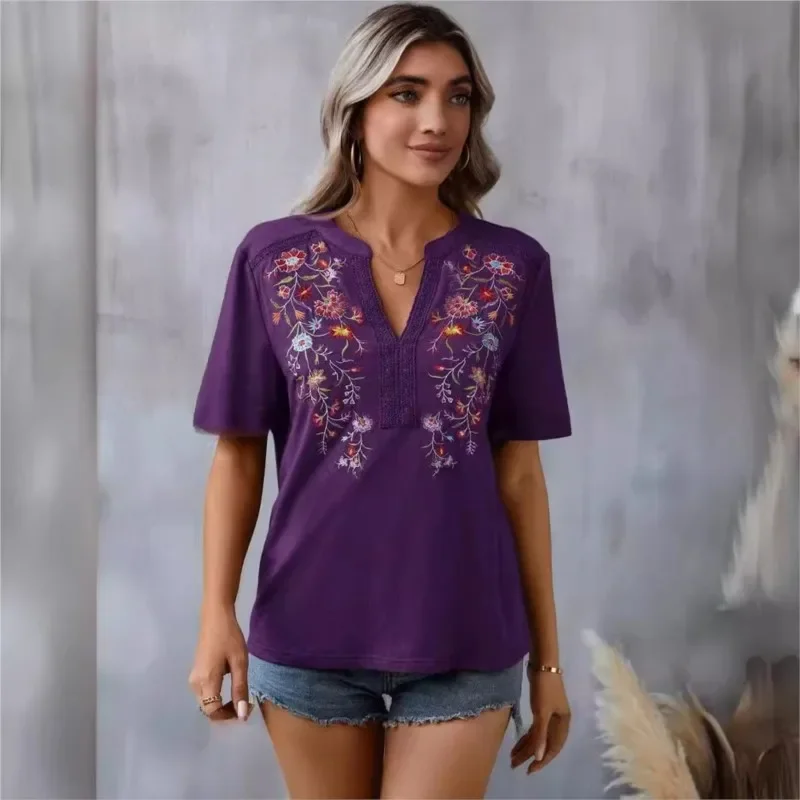 Spring Summer Vintage Embroidery Spliced Short Sleeve Tops Women\'s Shirt Retro Ethnic Style Loose Pullover Blouses Femme Blusas