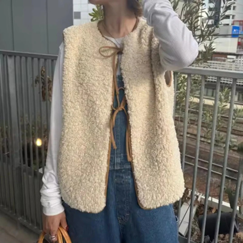 Tornova Polar Fleece Lace Up Vest Coat For Women Sleeveless Fashion Outwear Contrast Casual Autumn Winter Female Furry Jacket