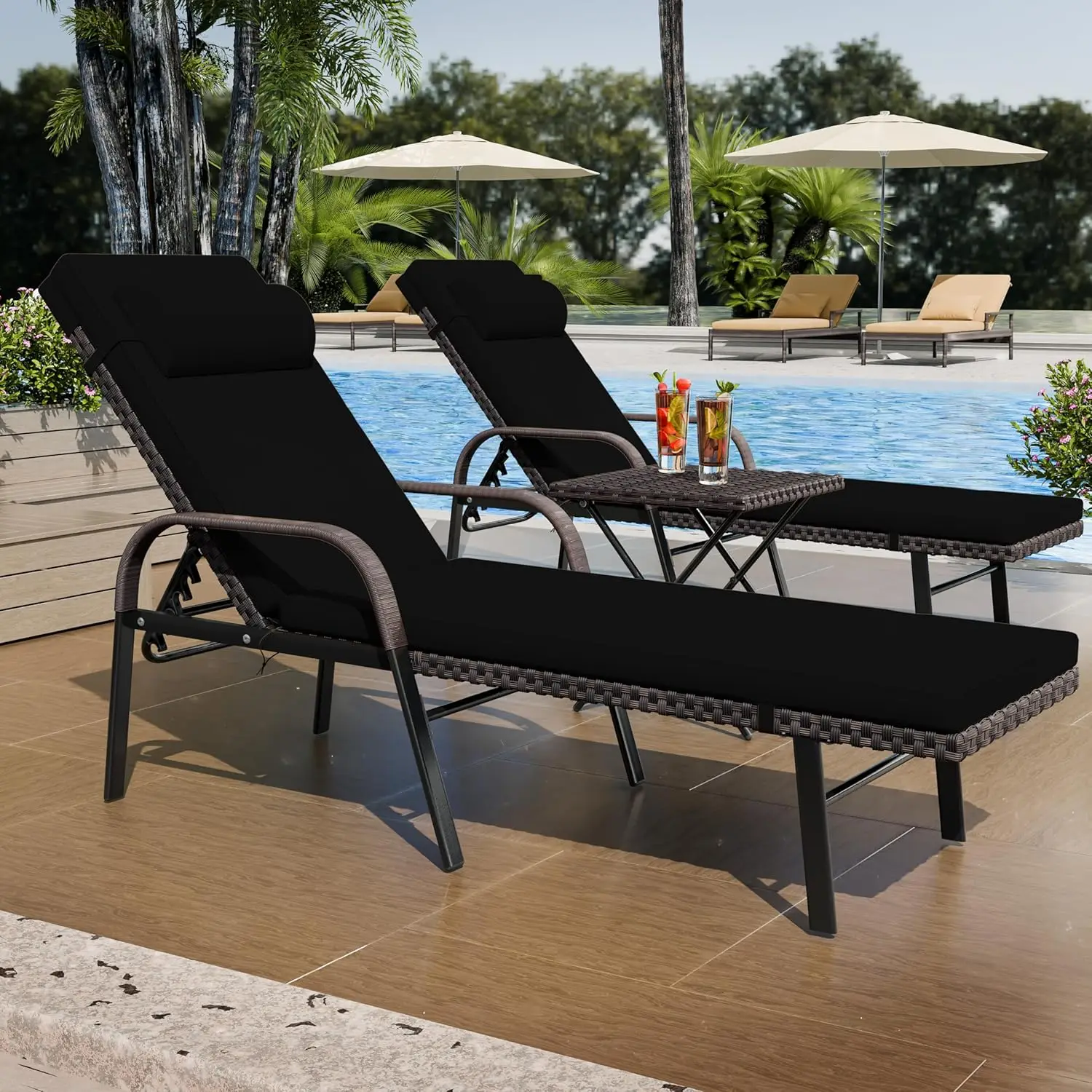 Patio Chaise Lounge Set 3 Pieces Outdoor Lounge Chair With Rattan Adjustable Backrest Armrest And Folding Table For Beach