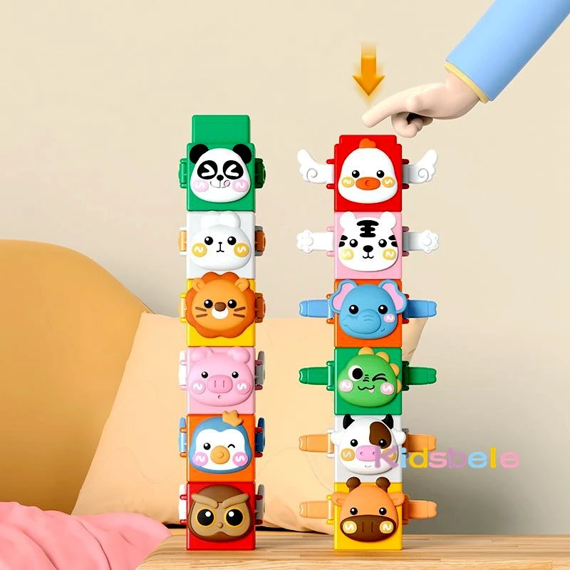 Bebê educacional empilhamento brinquedos diversão empurrar ligação animal bloco de construção conjunto brinquedo mesa dos desenhos animados animal pilha brinquedo adorável