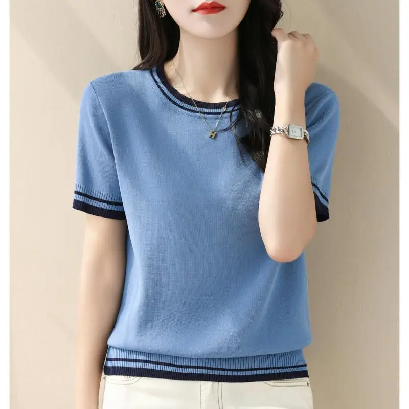 Summer New Contrast Knitting Tops Tees Short Sleeve O-neck Loose Solid Color Elegant T Shirts Vintage Fashion Women Clothing