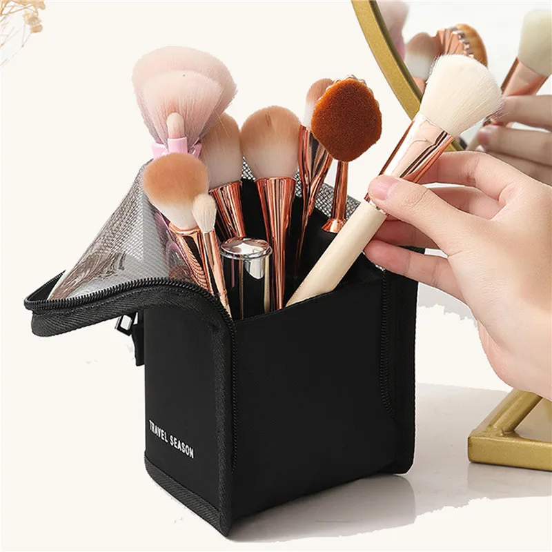 

Makeup Brush Case Makeup Brush Holder Travel Waterproof Cosmetic Bag Stand-up Foldable Makeup Cup with Zipper (Black + Pink)
