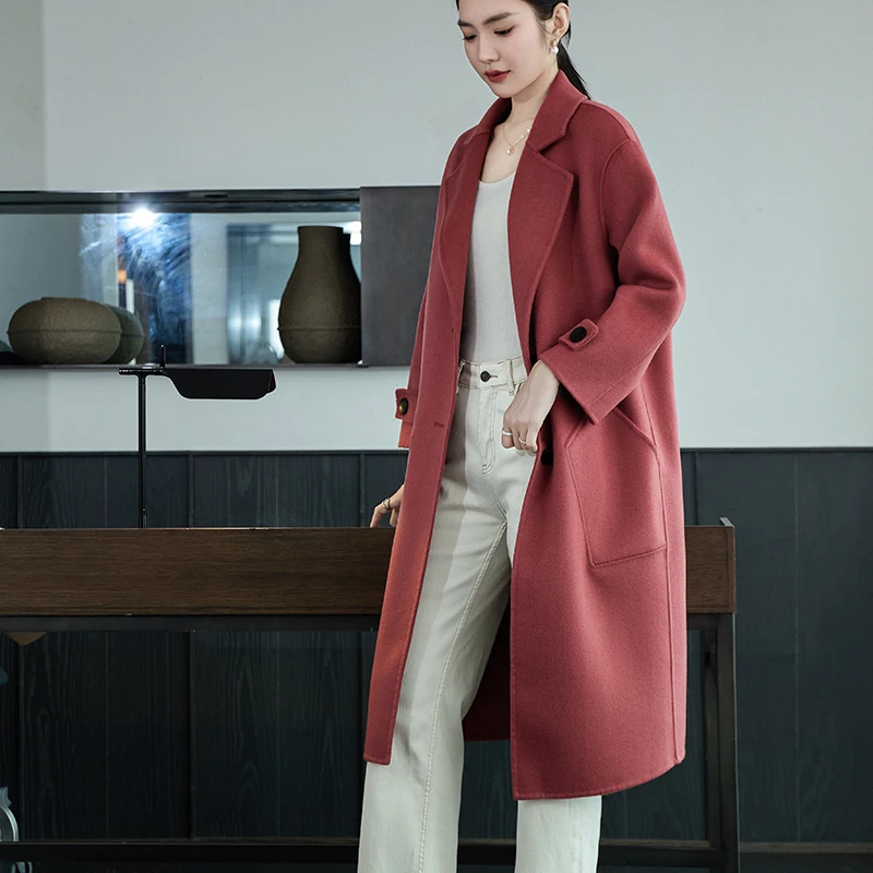 

Autumn Winter New Large Pocket Women's Coat 100% Pure Wool Long Simple Double-Sided Woolen Coat Versatile Women's Clothing