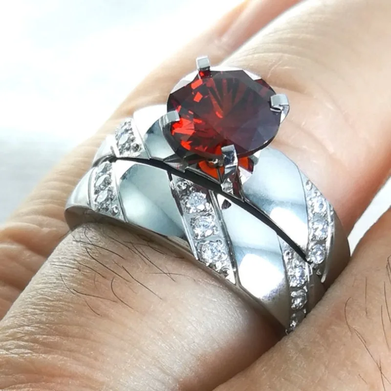 

Red Stone Ring297 298 Size 5-10 Women's Stainless Steel Wedding Engagement Ring All Stones Are Prong Setting