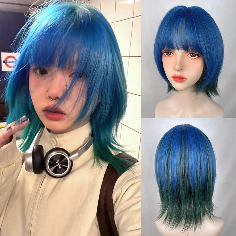 Ombre Blue Green Blend Synthetic Short Straight Women Wig Fluffy Lolita Cosplay Hair Wig with Bangs for Daily Party