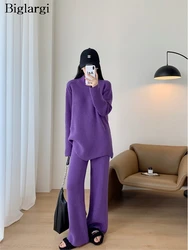 Knitted Autumn 2 Two Piece Set Women Casual Fashion Long Sleeve Ladies Sweaters Tops Loose Korean Style Woman Wide Leg Pants