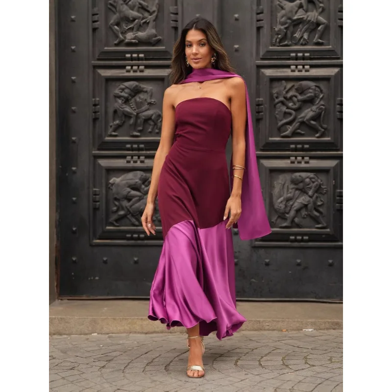 Mode Satijn Gesplitste Sjaal Kraag Skinny Lange Jurk Vrouwen Elegante Backless Mouwloze Strapless Vestido Chic Lady Avondjurken