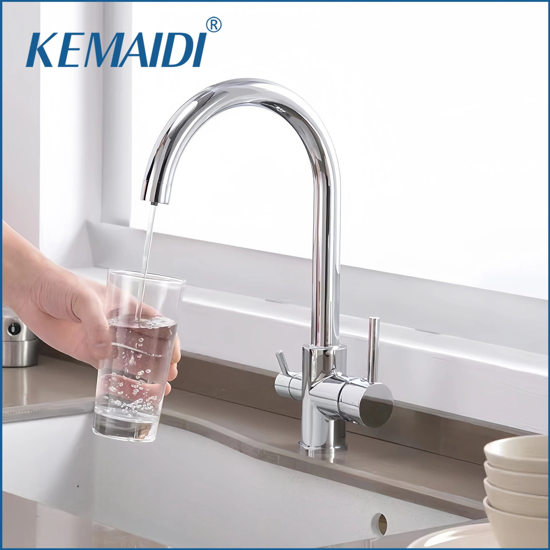 KEMAIDI Kitchen Sink Faucet with 2 Handle 3 in 1 Water Filter Purifier Drinking Water Faucets Brass Drinking Water Faucets Mixer