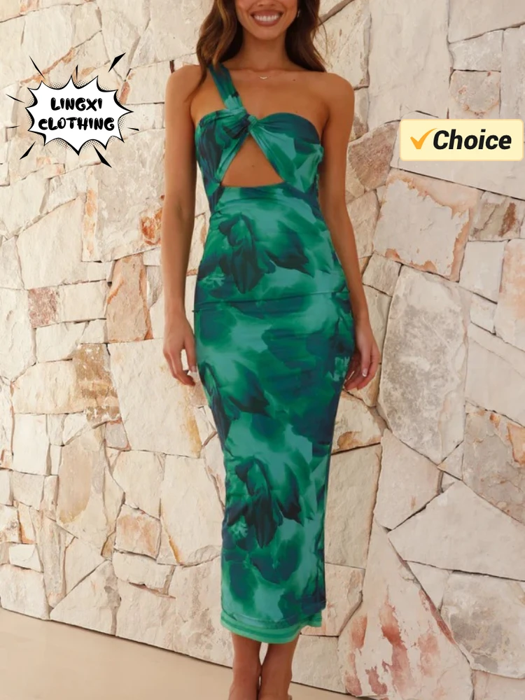 

2024 Summer Fashion New Elegant Women's Sexy One Shoulder Cross Sleeveless Hollow Back Party Print Green Tight Dress