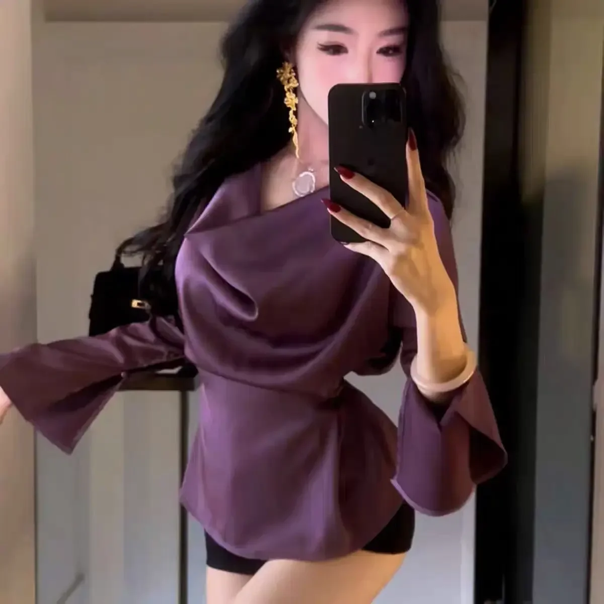 

Shirt Female Elegant Satin Long-sleeve Temperament Apricot Purple Pile Collar Pure Color French Vintage Retract Waist Sexy Tops