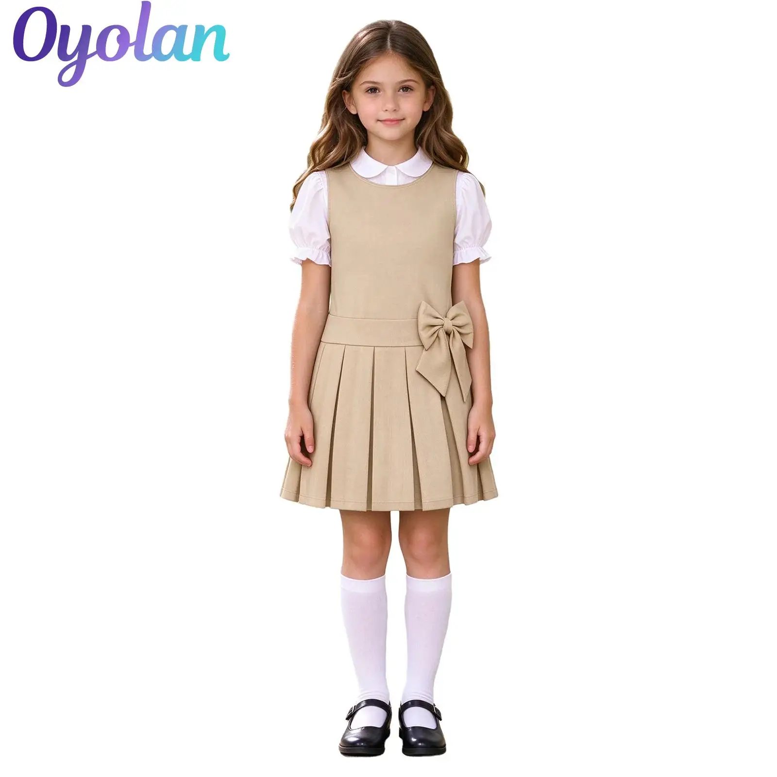 Kids Girls School Uniform Back Invisible Zipper Bowknot Pleated Dress Jumper Preppy Tank Dress for Classroom Graduation Ceremony