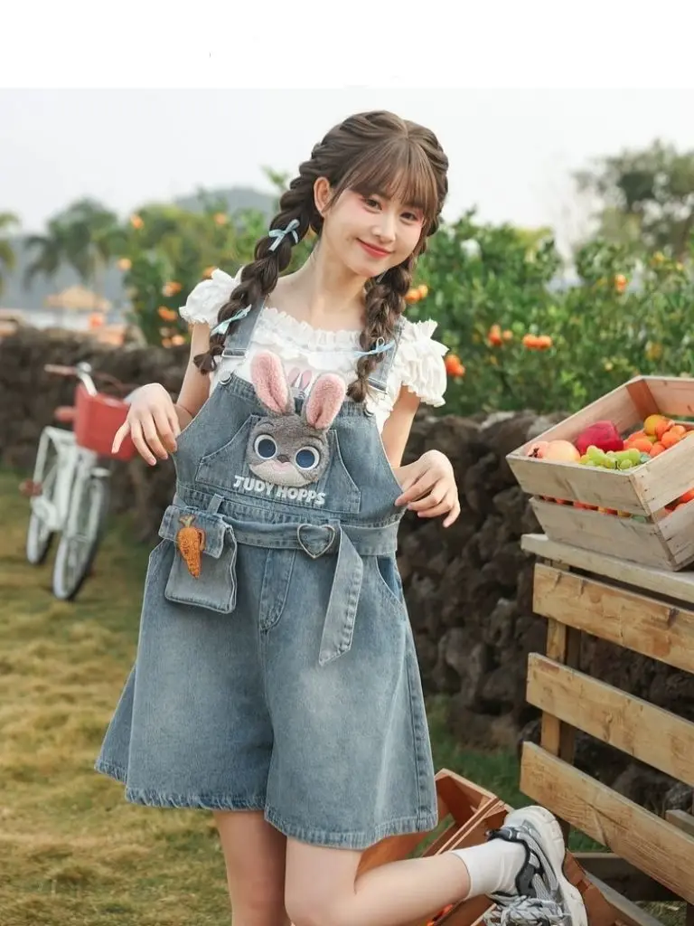 Disney Judy Hopps Jumpsuit Tops Cartoon Anime Zootopia Embroidery T Shirt For Girls Cute Summer Short Overalls Rompers 2024 New