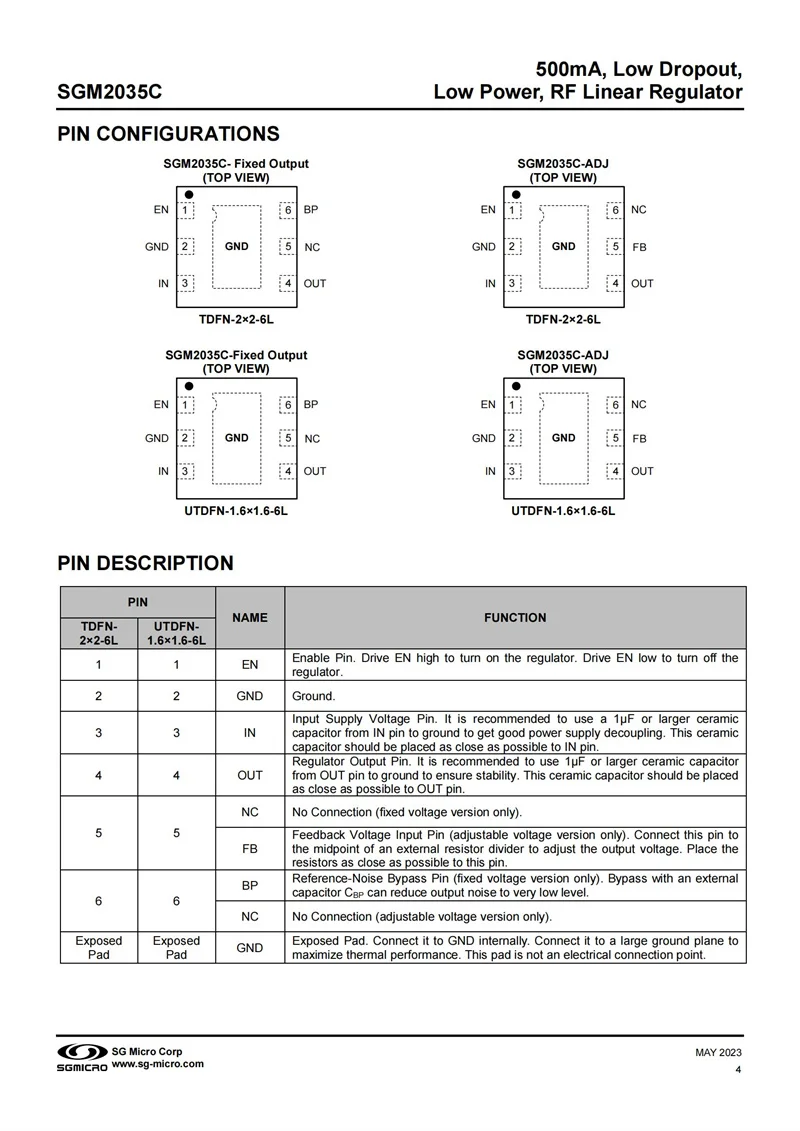 50Pcs/Lot SGM2035C-2.8YTDI6G/TR TDFN-6  Fixed output voltage: 2.8V,500mA, Low Dropout, Low Power, RF Linear Regulator