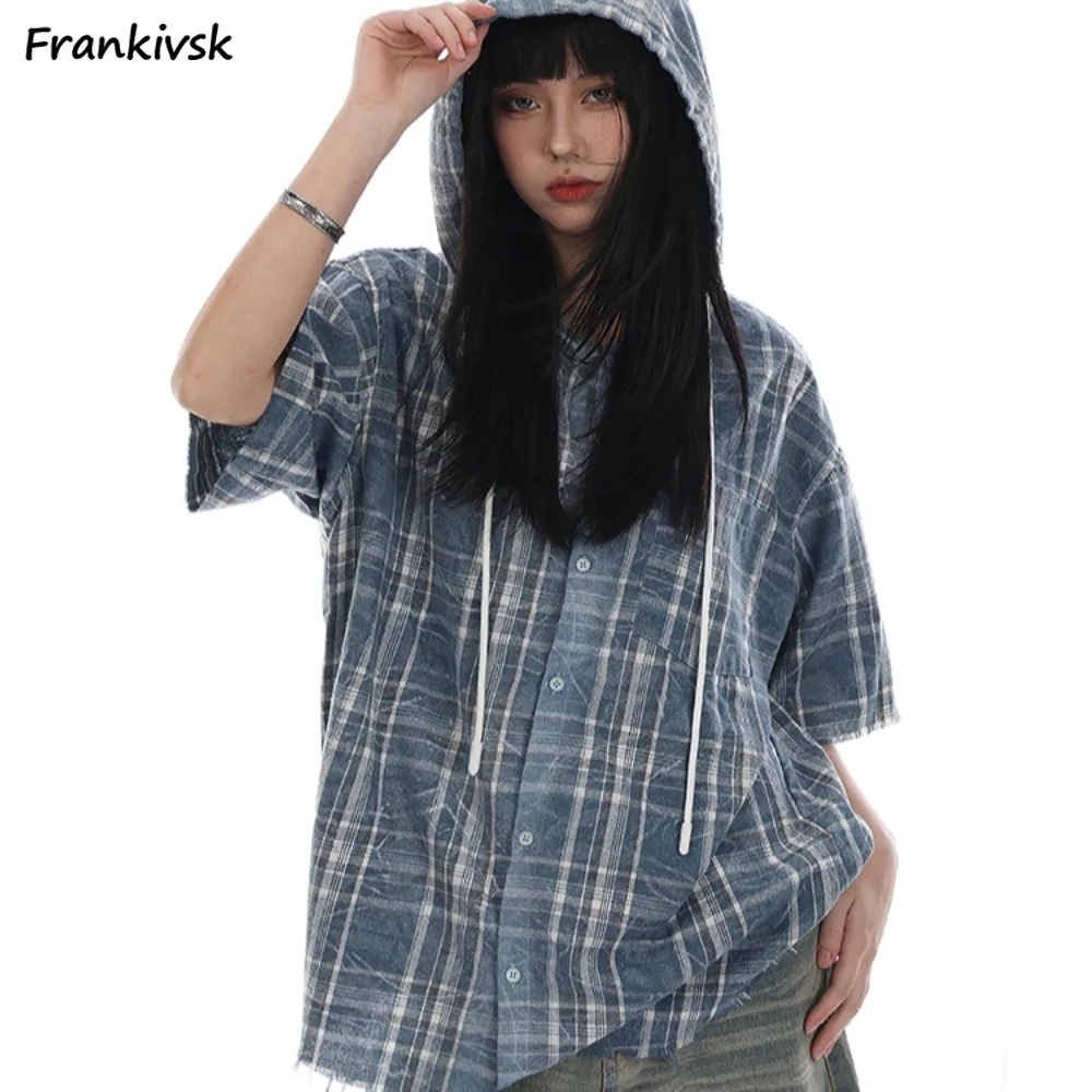 Women Hoodies Plaid Vintage Loose with Hat Hip Hop American Style Raw Edge Drawstring Single Breasted Fashion Students Popular