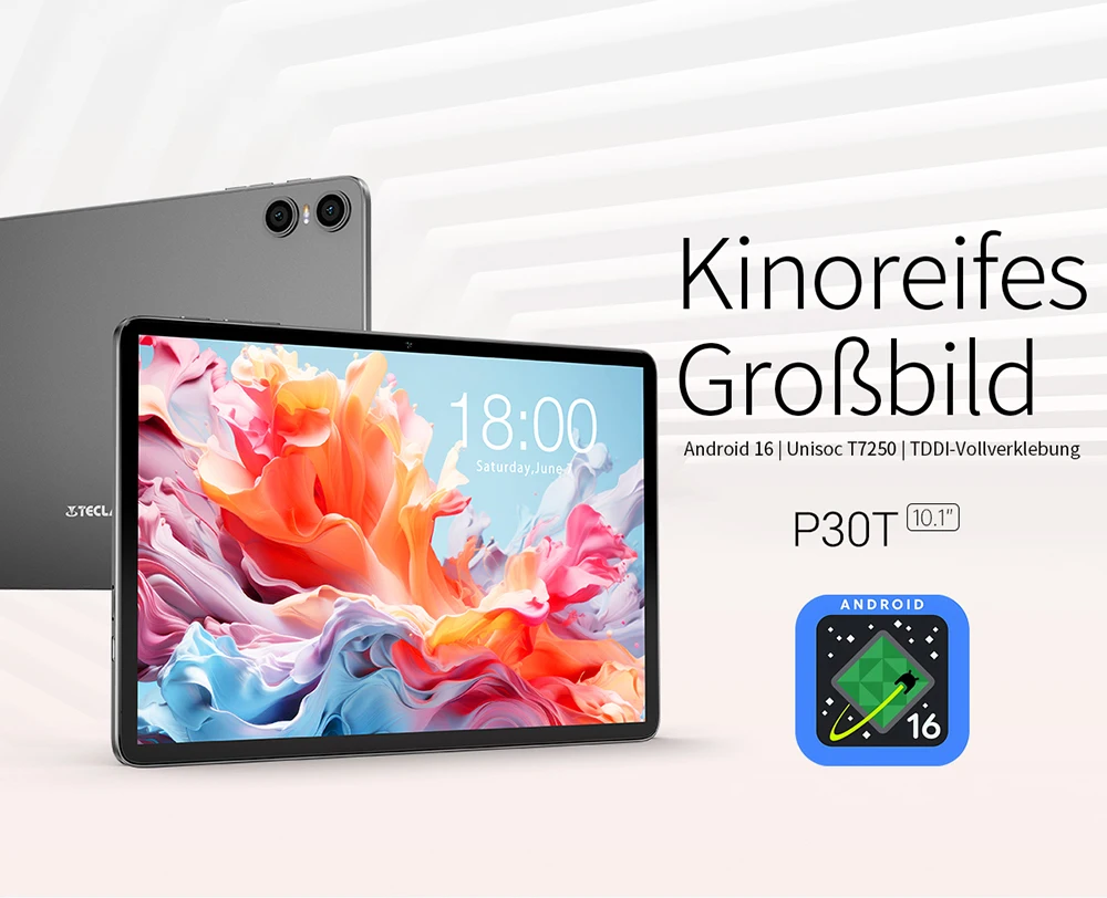 Teclast P30T 2026 10,1-Zoll-Tablet, mit Gemini AI, Android 16, bis zu 16 GB RAM (3 GB + 13 GB erweiterbar), 128 GB ROM, T7250 8-Kern-Prozessor, 6000-mAh-Akku, Type-C-Anschluss. – Detail 1