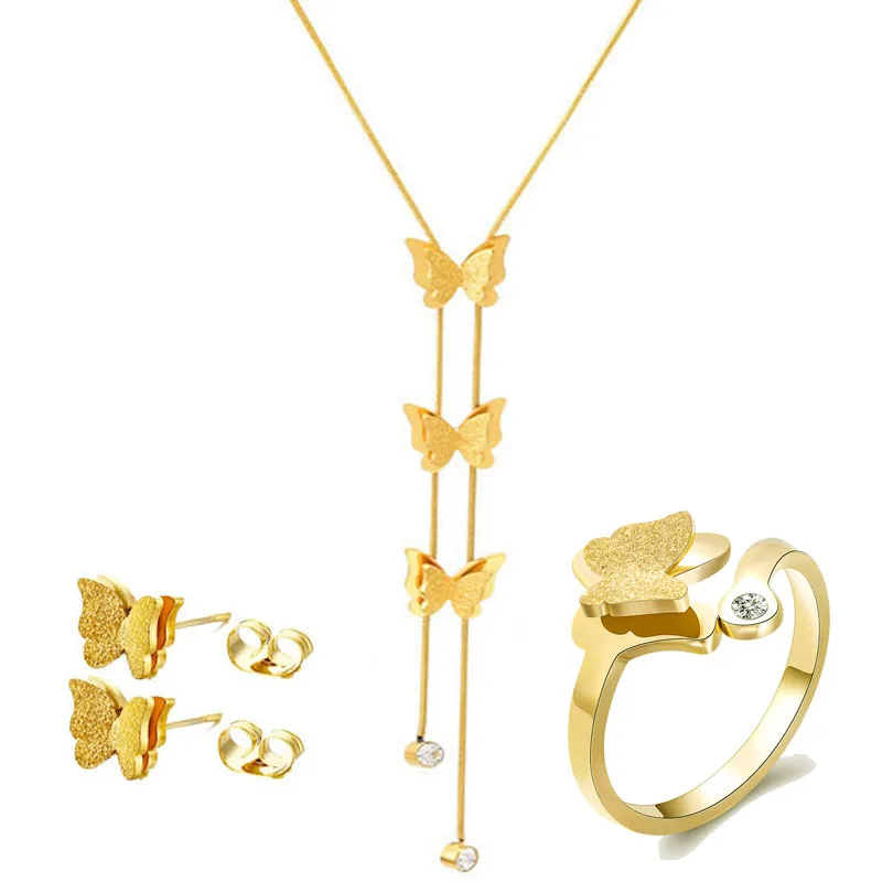 316L Stainless Steel Golden Frosted Butterfly Jewelry Set Золото Комплект Bijouterias Para As Mulheres Atacado Conjunto Femenino