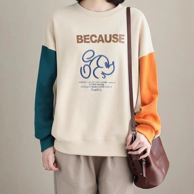 Sudadera holgada de algodón con bordado de dibujos animados para mujer, jersey de manga larga con cuello redondo y letras, Top informal que combina