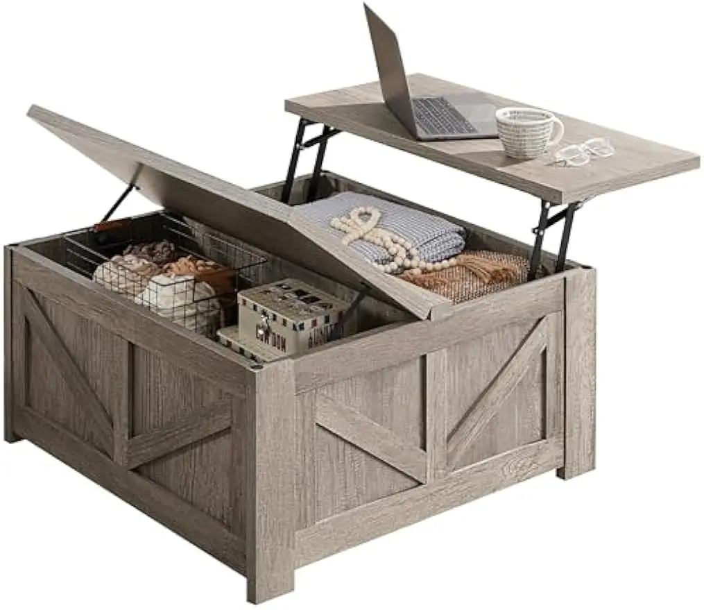 Lift Top Coffee Table, Square Farmhouse Coffee Table with Hidden Storage Compartment, Wood Center Table for Living