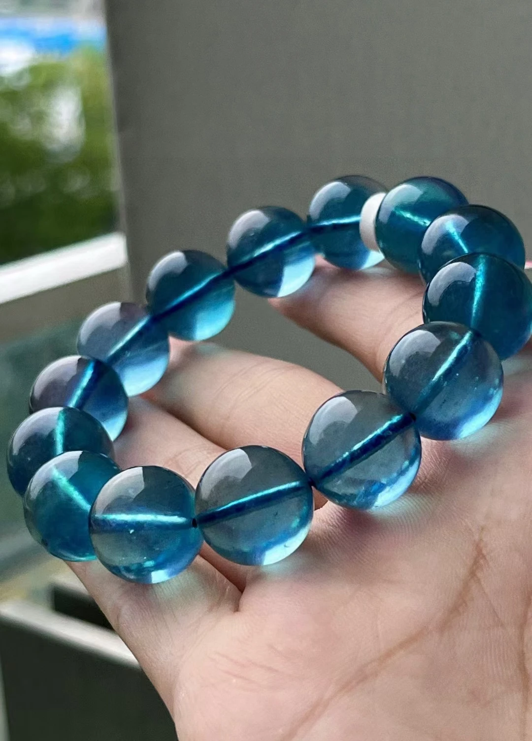 Top Natural Blue Aquamarine Clear Round Beads Bracelet 15.2mm For Women Men Brazil Stretch Aquamarine Bracelet Jewelry AAAAA