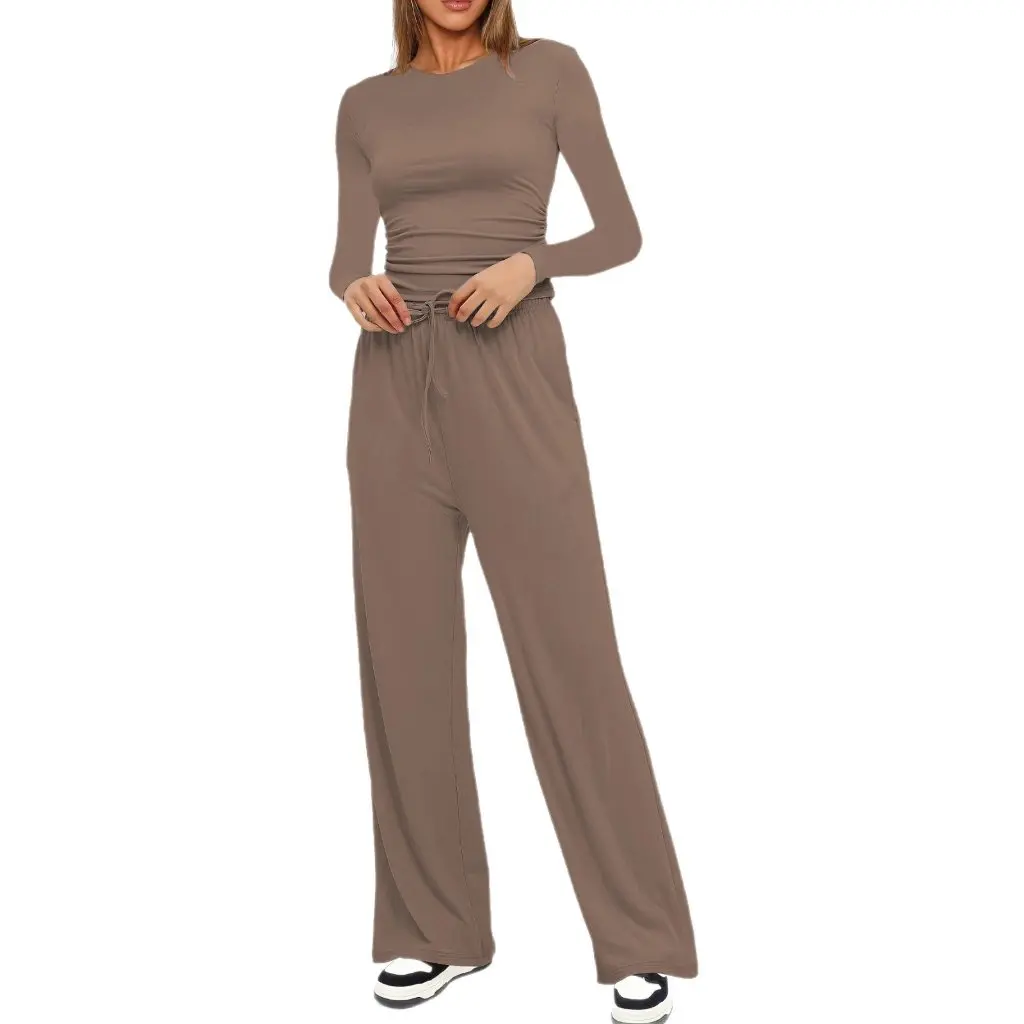 

Вдохновленный широкий повседневный костюм и брюки, однотонный удобный модный топ с длинными рукавами и завязками для женщин