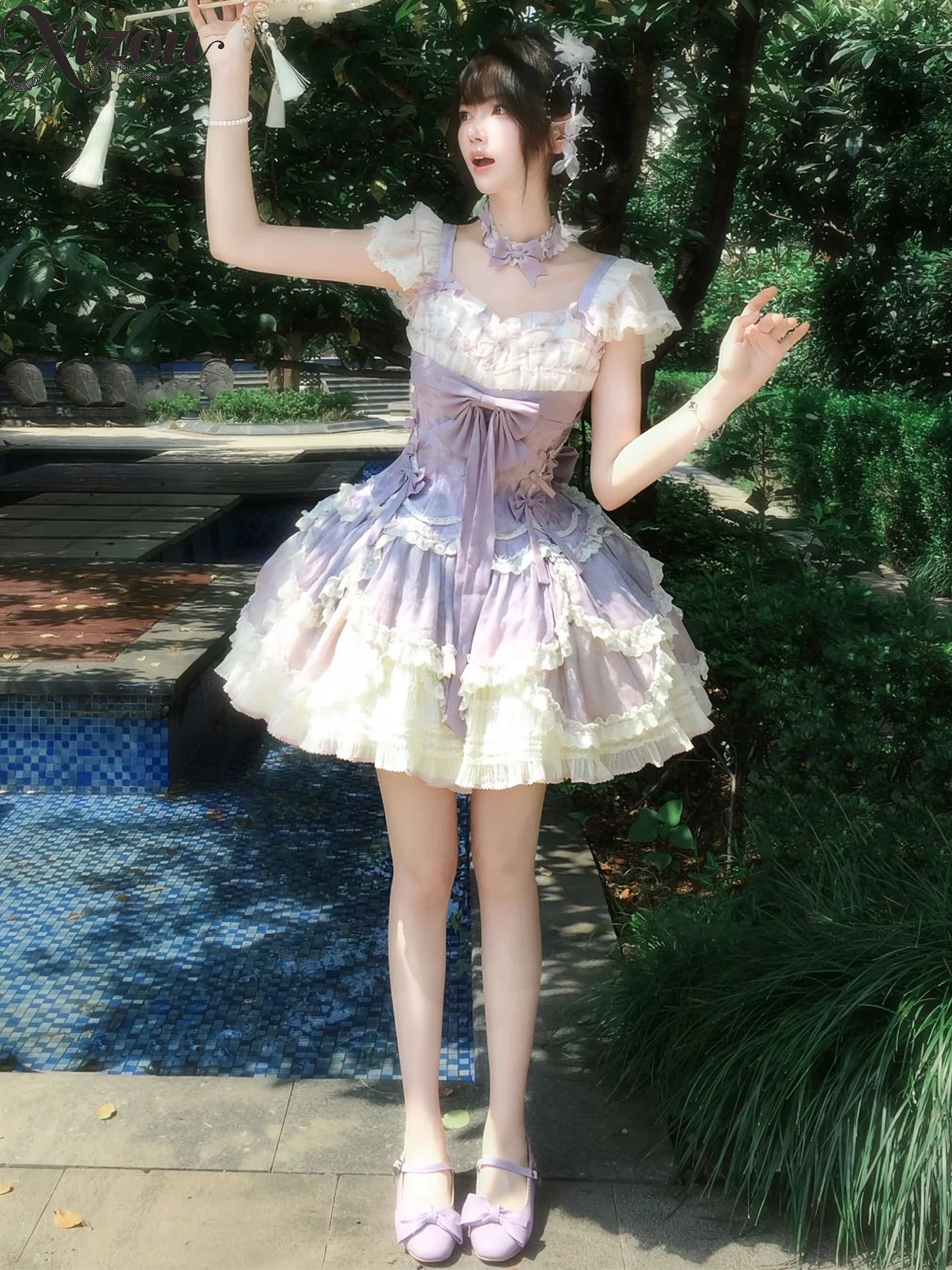 الحلو الباليه لوليتا JSK فستان المرأة الأرجواني دمية ساحة الرقبة تحلق الأكمام مقوس دانتيل رقيق كشكش كعكة الأميرة عيد ميلاد الزفاف #4