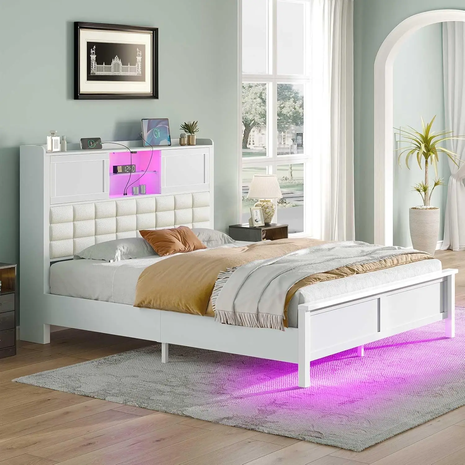 

Rolanstar Bed Frame with Charging Station, Bookcase Headboard Bed with LED Light and Sliding Doors