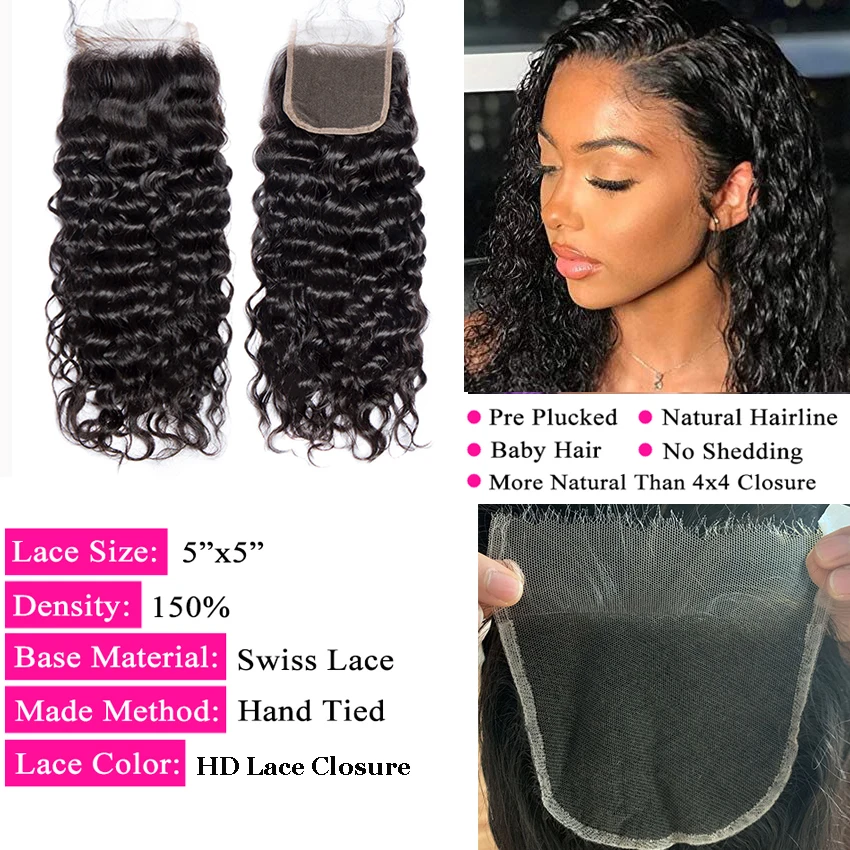 Alibele 5x5 HD Lace Closure With Bundles Malaysia Water Wave Bundles With Closure Weave Human Hair Bundles With 4x4 Lace Closure