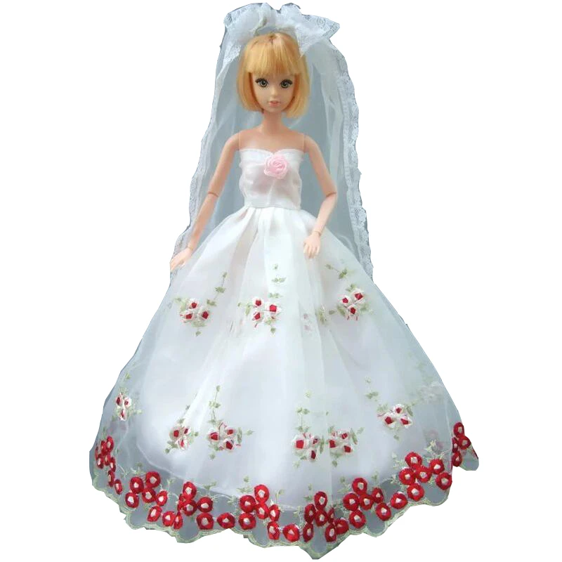 

Embroidery Gown white wedding full around lace dress for Barbie doll princess wedding dress