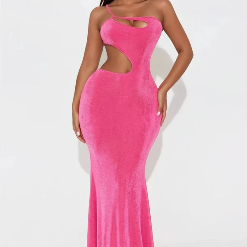 2026년 여름 유럽 미국 패션 비대칭 어깨 섹시 컷아웃 슬림 미디 드레스 여성용 트렌디 휴가복