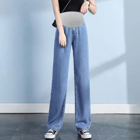 스트레치 데님 임산부 전체 롱 청바지, 넓은 다리 느슨한 배 데님 바지, 임산부용 임신 바지 의류, 2024