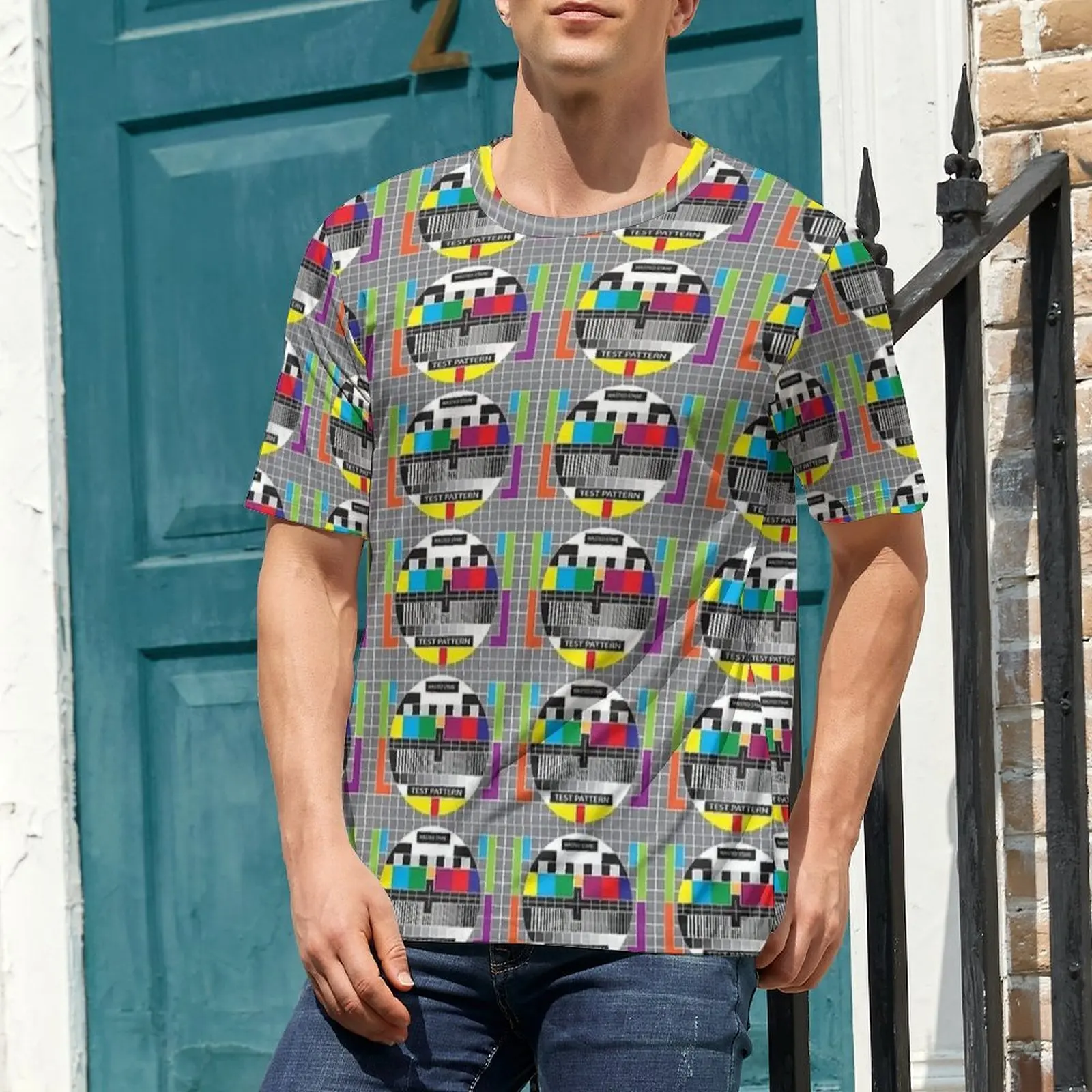 Man Classic Test Card Print T Shirt  Cool T Shirts Short Sleeve Custom Tops Cheap Original Street Style Oversize Top Tees