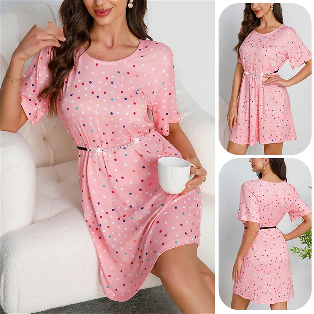 

Сексуальная цветная ночная рубашка с принтом в горошек, женская сорочка с коротким рукавом, ночная рубашка, атласная домашняя одежда