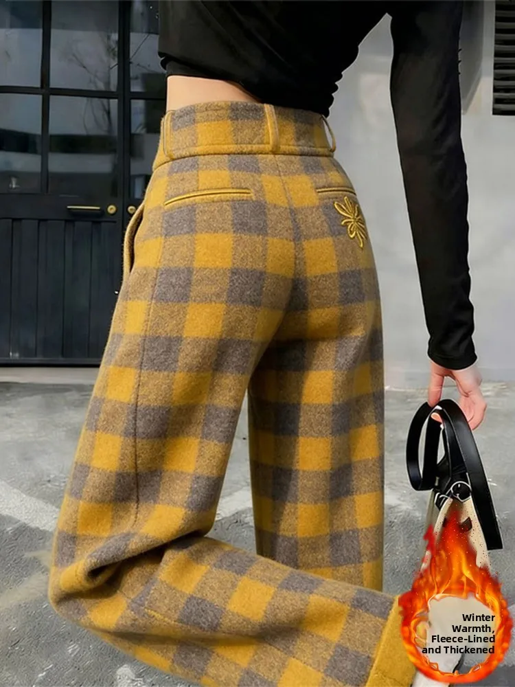 

Retro Plaid Wide Leg Pants Women's Winter New High Waist Slim Loose Anti-Aging Small Straight Casual Long Trousers