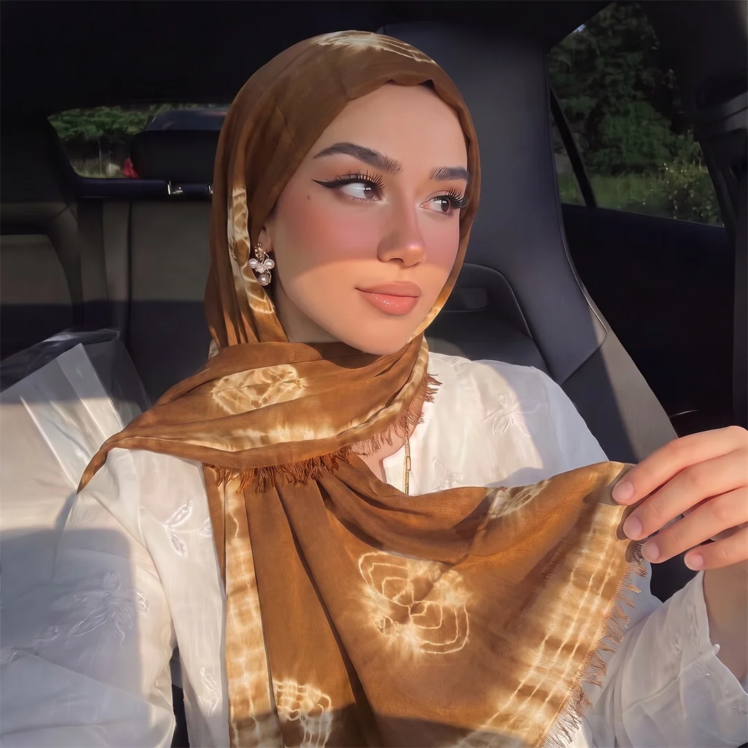 Fashion Print Rayon Hijab Scarf Fringe Edge Muslim Women Headscarf Tie Dye Wrap Soft Lightweight Islamic Daily Turban Shawl