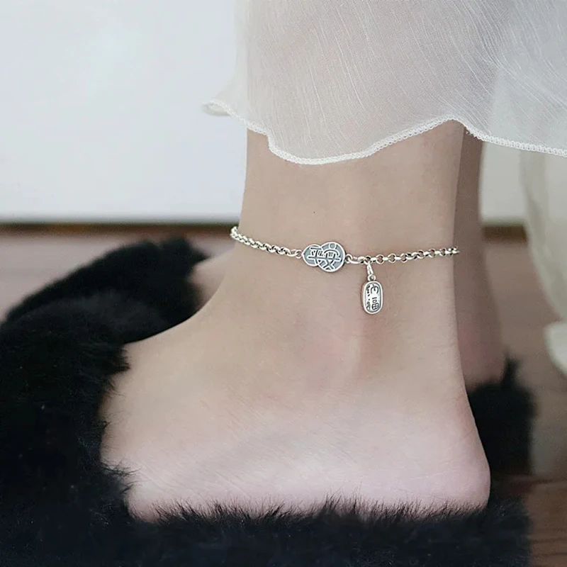 Женский браслет из стерлингового серебра, универсальная ретро-бирка с открытой цепочкой для ног, цепочка для ног