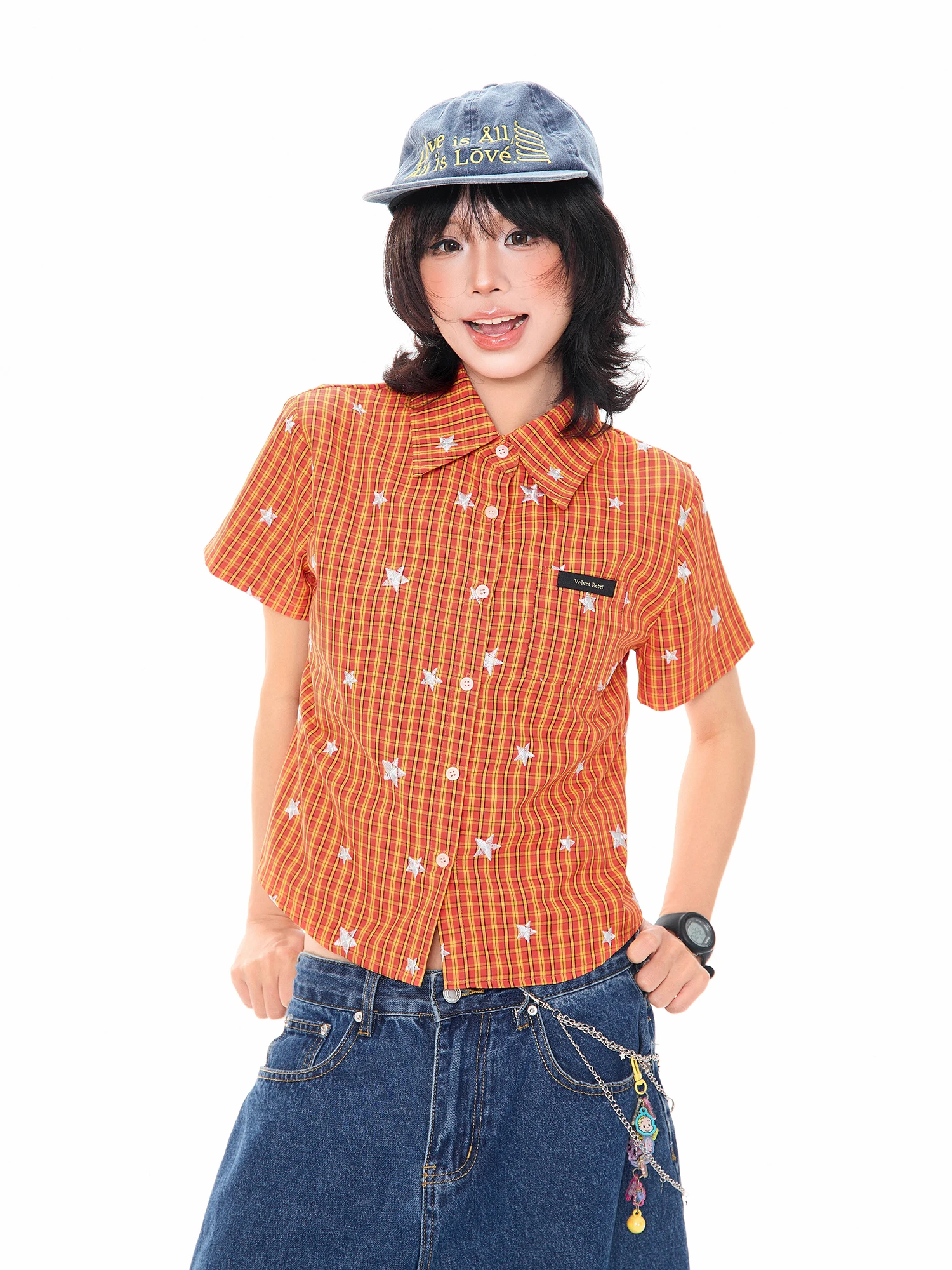 

MKGO American Retro Orange Plaid ort Sve Embroidered Slim Fit ort irt Women Summer Star Embroidery oulder Length Top