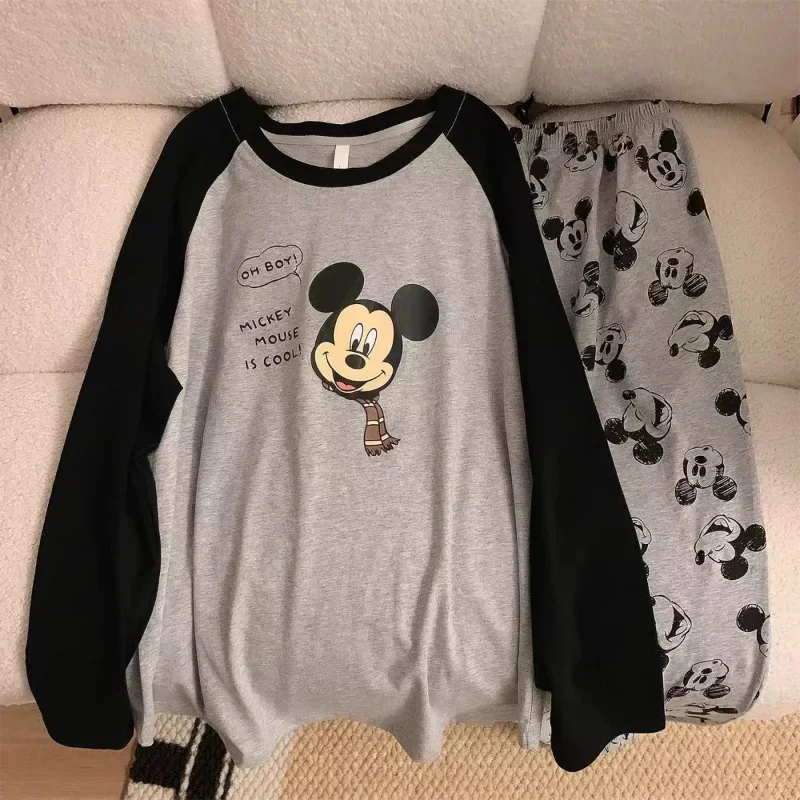 Disney-Pijama de seda Mickey Mouse feminino, puro algodão, manga comprida, gola redonda, outono, novo, conjunto de 2 peças