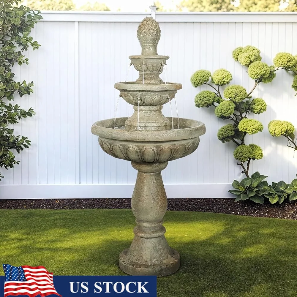 

42.5 Inch 3 Tier Concrete Outdoor Water Fountain Large Garden Patio Decor with Continuous Flow Pump UL Certified