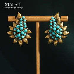 Vintage Beaded Sea Blue Natural Stones Tree Leaf Stud Earrings Antique Jewelry Bohemia Retro Luxury Party Bride Accessories 2024