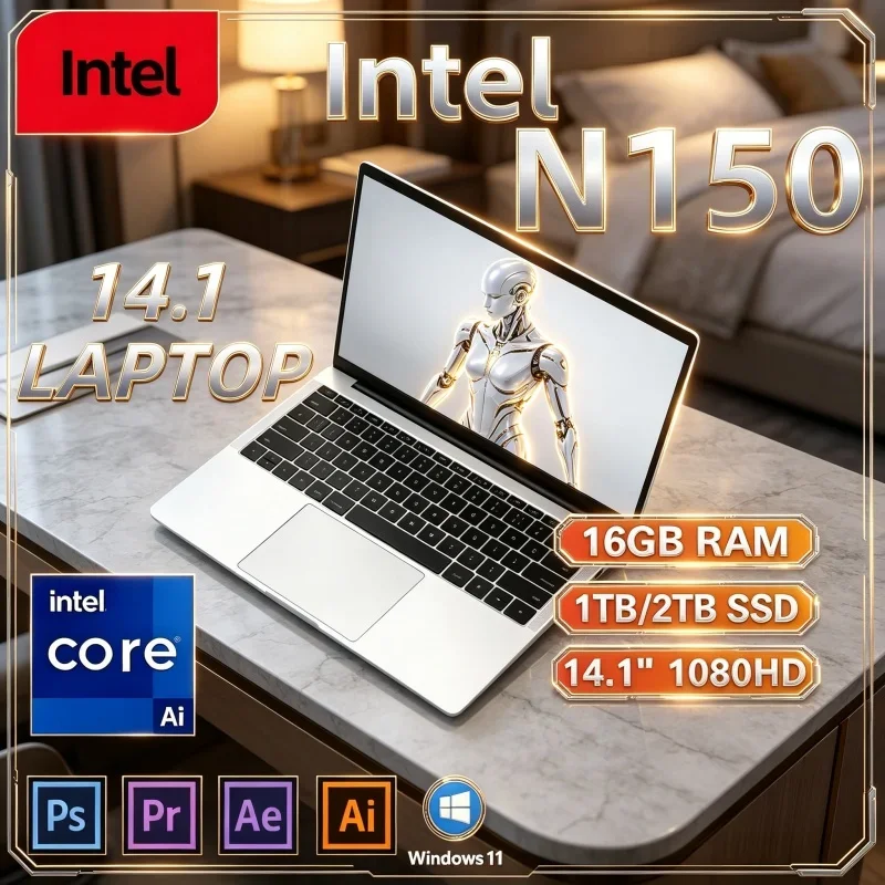 14.1' Ultra Slim Laptop New Intel Core N150 Lightweight 16GB 32GB 2TB Win11 Pro 1920*1080 HD Hot 2026 Office Study Gaming PC
