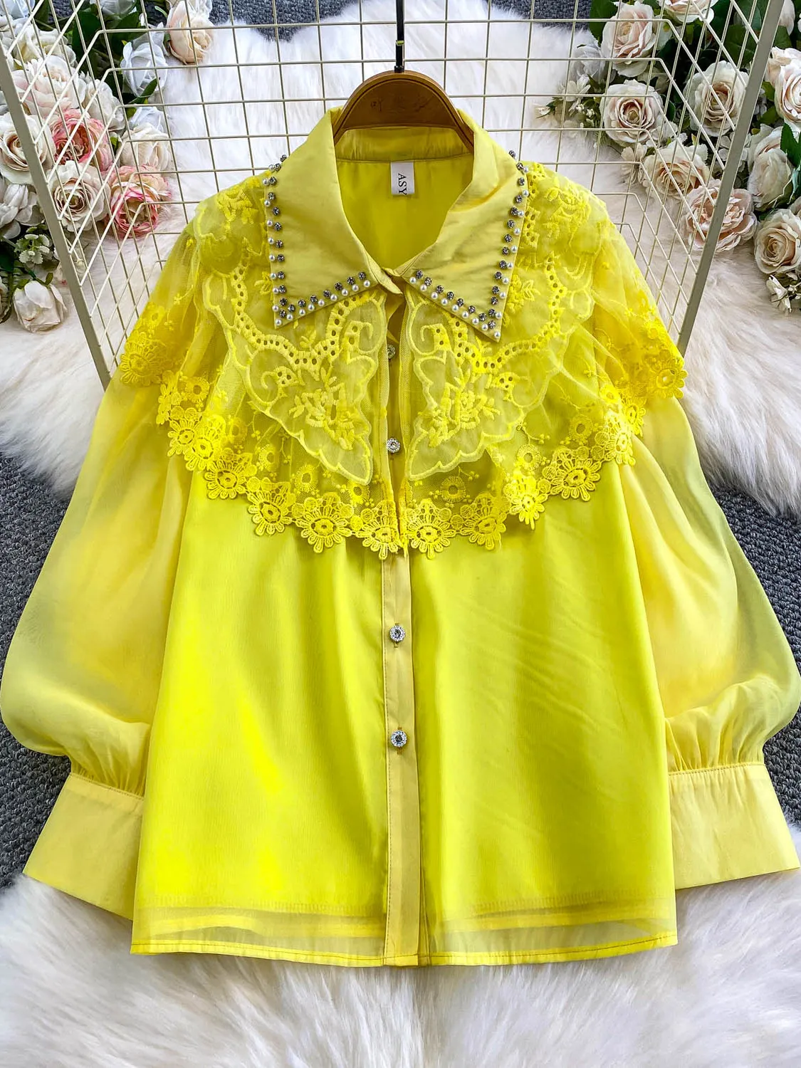 Kardigan damski z koronkowymi wstawkami, zdobiony diamentami, bogato zdobiony, z kołnierzykiem irt, luźny krój, długi rękaw, na jesień i zimę.