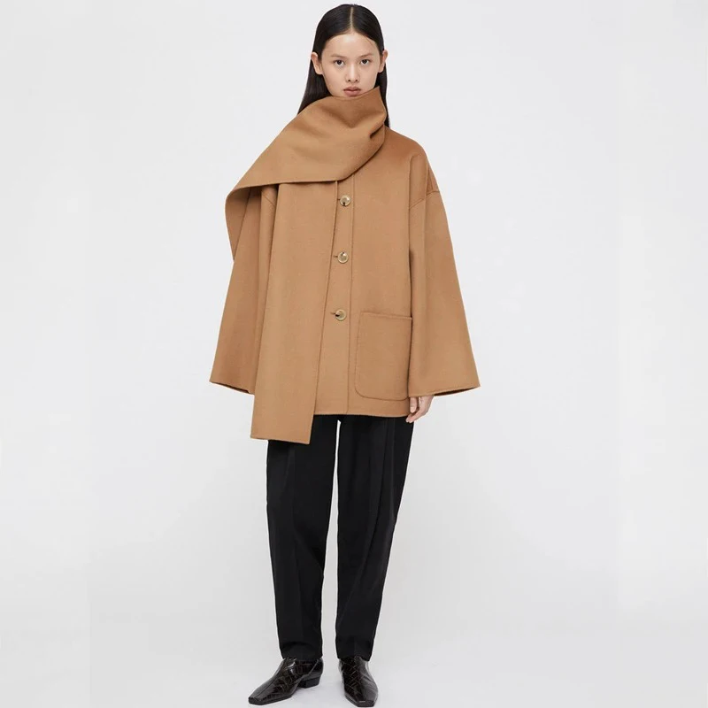 Totem* Women's Autumn and Winter Trench Coat Wool Coat Scarf Collar Single-breasted Tweed Coat Simple Middle Jacket Women's Coat