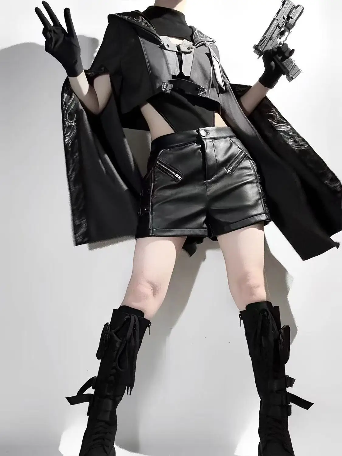 ชุดคอสตูมโกธิคสีดำเข้มสำหรับผู้หญิง สไตล์จีนใหม่ เสื้อแขนกุด กางเกง PU ชุดวินเทจแนวสตรีทแฟชั่นเท่ๆ สไตล์ Y2K