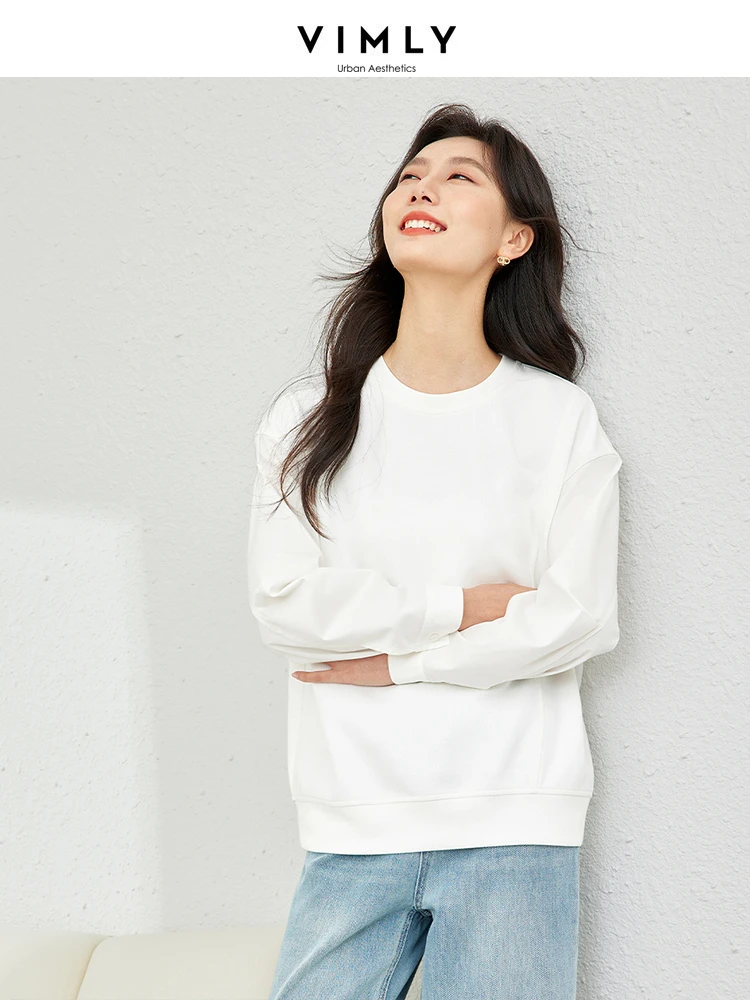 Vimly Spring Fashion White Sweatshirts Woman O-neck Casual Loose Pullovers 2024 Women\'s Long Sleeve Top Female Clothing M5836