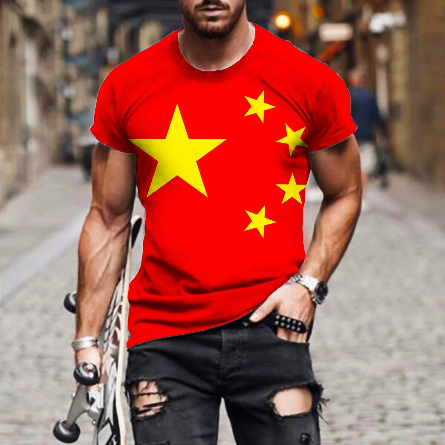 3D printed men\'s fashionable Chinese flag T-shirt short sleeved fun no war red T-shirt top