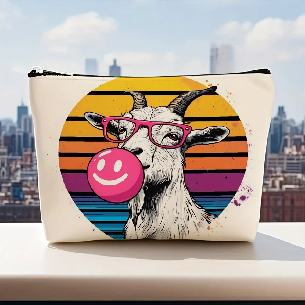 Kozioł w okularach i kosmetyczka z różową gumą balonową - wielofunkcyjna saszetka na zamek błyskawiczny, organizer na biżuterię, idealna kosmetyczka podróżna na zamek błyskawiczny
