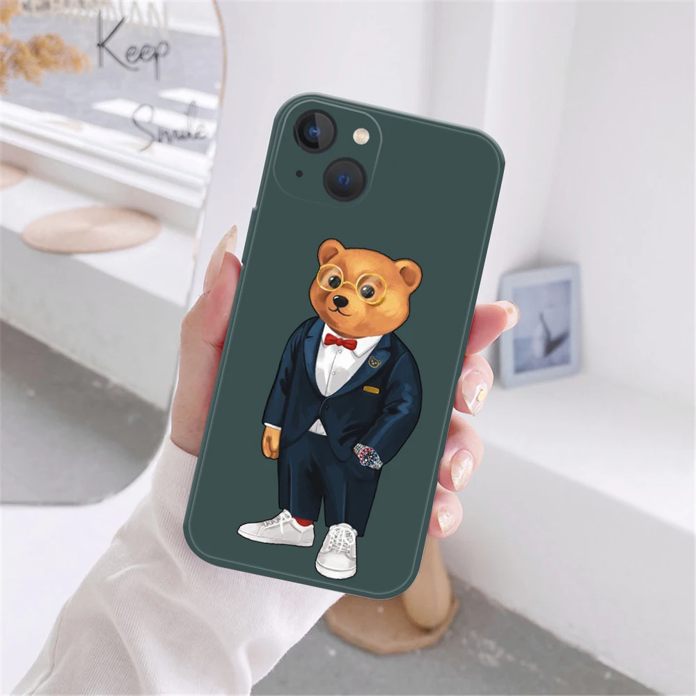 Cute Bear Fashion Brand Protective Phone Cover For iPhone 11 12 13 14 Pro Max X XR XS Max 7 14Plus dark green Soft Silicone Case