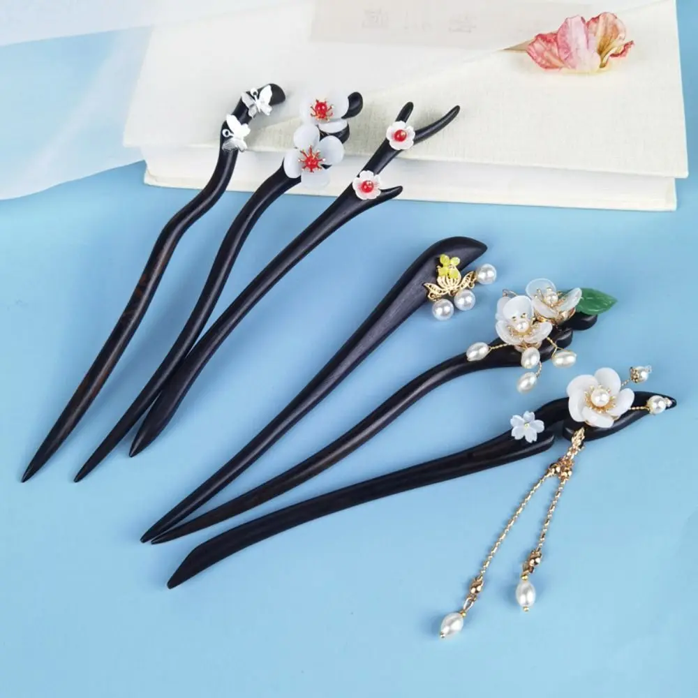 Design Tool Flower Hair Fork Pearl Chain Pendant Chinese Hairpin Tassel Hair Stick Women Hair Accessories Ebony Headdress