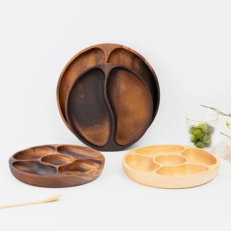 Wooden Divided Serving Trays Food Serving Tray With 5 Dining Grids Round Serving Tray Serving Dishes Perfect For Parties