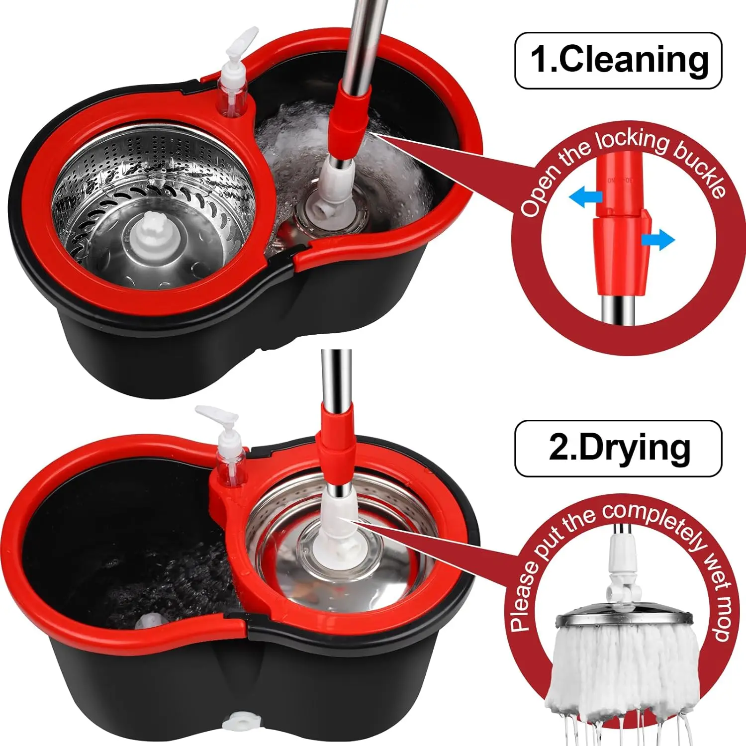 Spin Mop Bucket Sets with 360° Spinning 2 Mop System Tank in 3 Microfiber Replacement Heads, 61